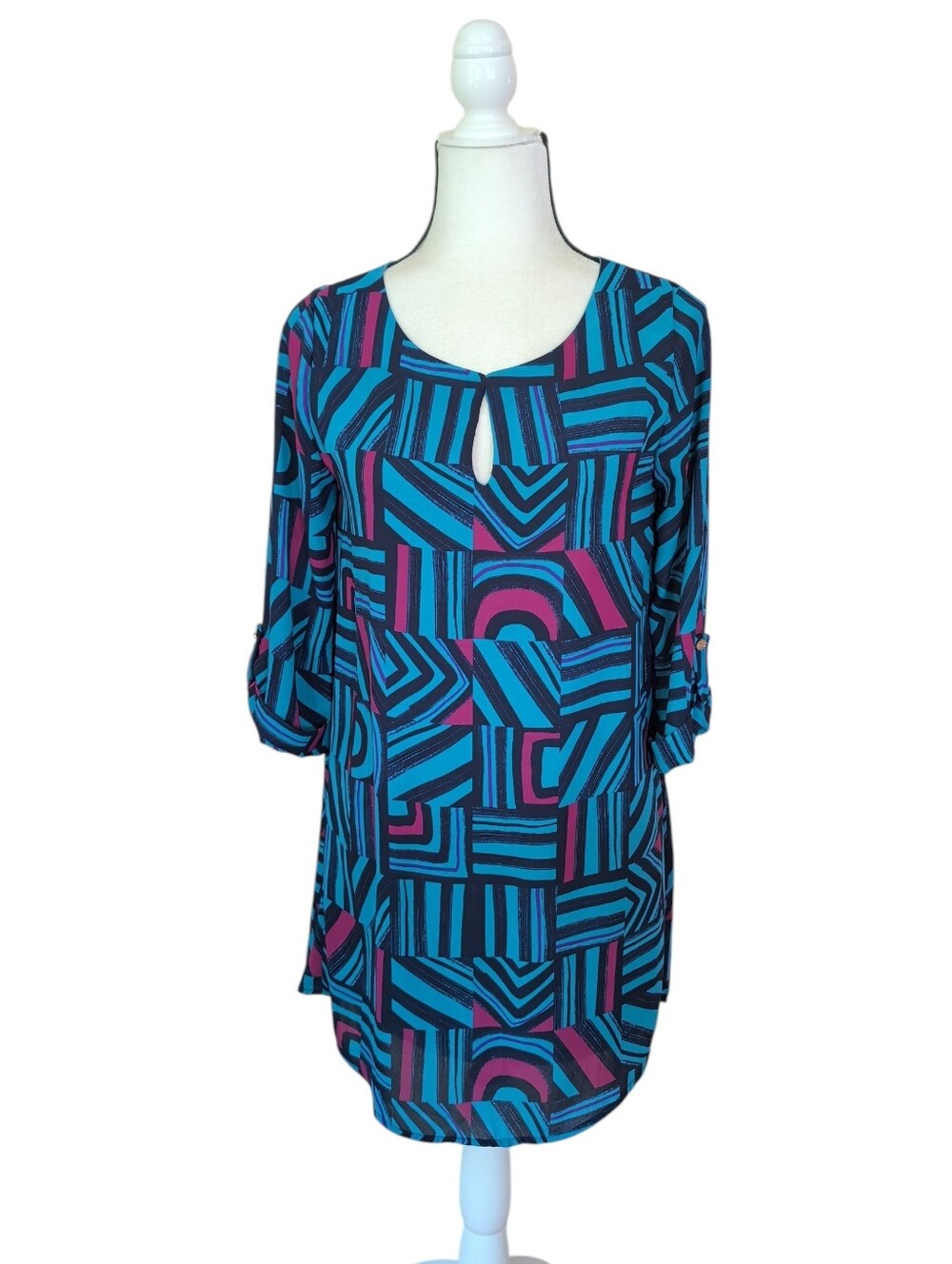 RSVP Geometric Shift 3/4 Roll Sleeve Tunic Mini Dress SMALL Blue Teal Magenta